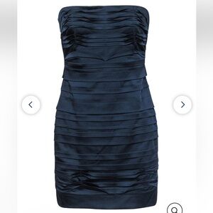 BCBG Navy Blue Satin Pleated Strapless Mini Dress
